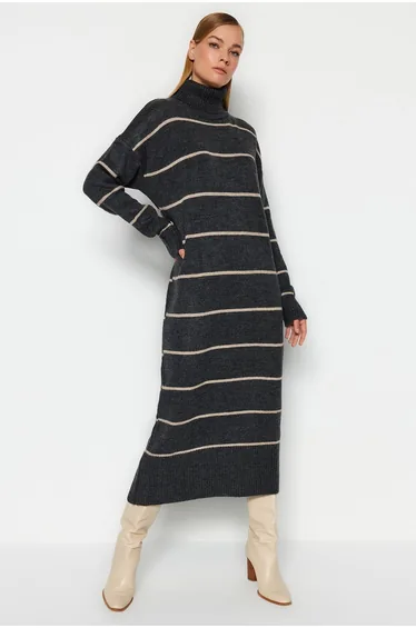 Grey Column Midaxi Jumper Dress with Long Sleeves