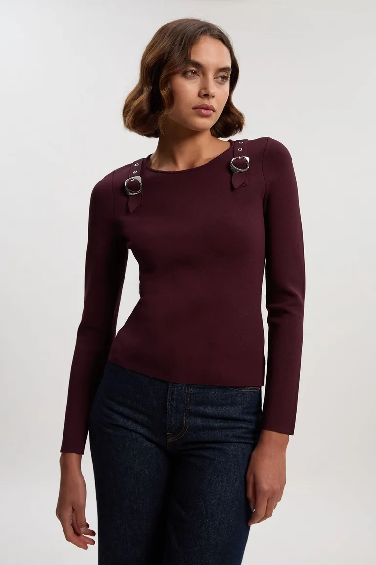 Buckle Trim Long Sleeve Knitted Top - 2