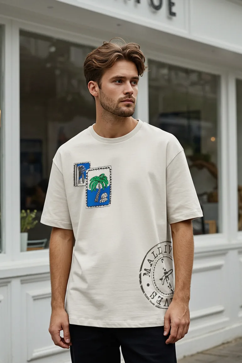Ecru Oversize/Wide Cut Tropical Printed 100% Cotton T-Shirt - 6