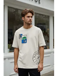 Ecru Oversize/Wide Cut Tropical Printed 100% Cotton T-Shirt - 6