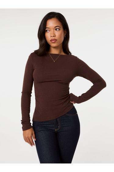 Asymmetric Boat Neck Long Sleeve Top