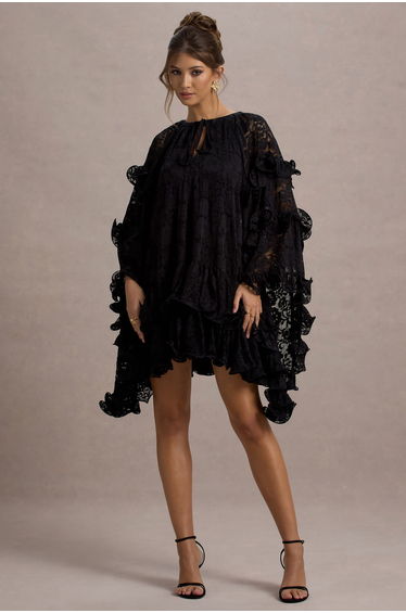 Arlington | Black Lace Cape-Sleeve Mini Dress