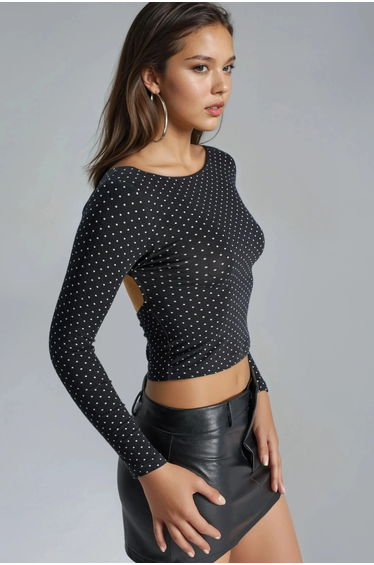 BUSEM Polka Dot Slim Fit Crop Blouse with Back Detail