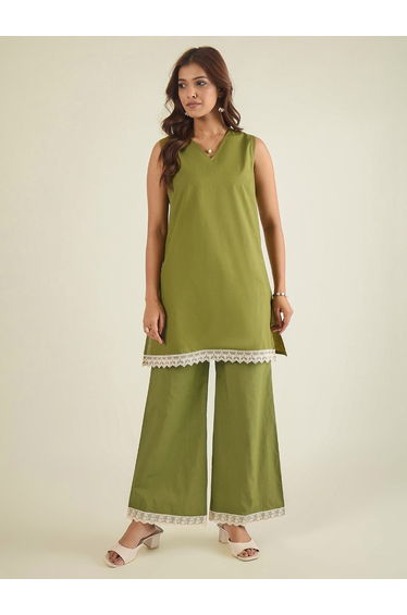 Women Green Cotton Poplin Lace Detailed Tunic with Pants Co-Ords