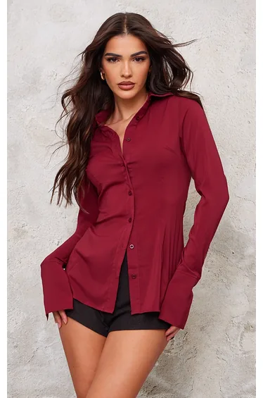 Maroon Chiffon Fitted Shirt