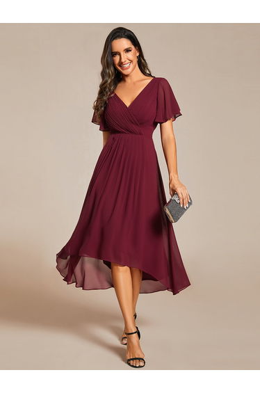 ever FAYE|Chic V Neck Asymmetrical Hem Ruffles Sleeve Pleated Chiffon Wedding Guest Dress