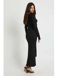 Marl Long Sleeve Tie Waist Midaxi Dress - black - 1