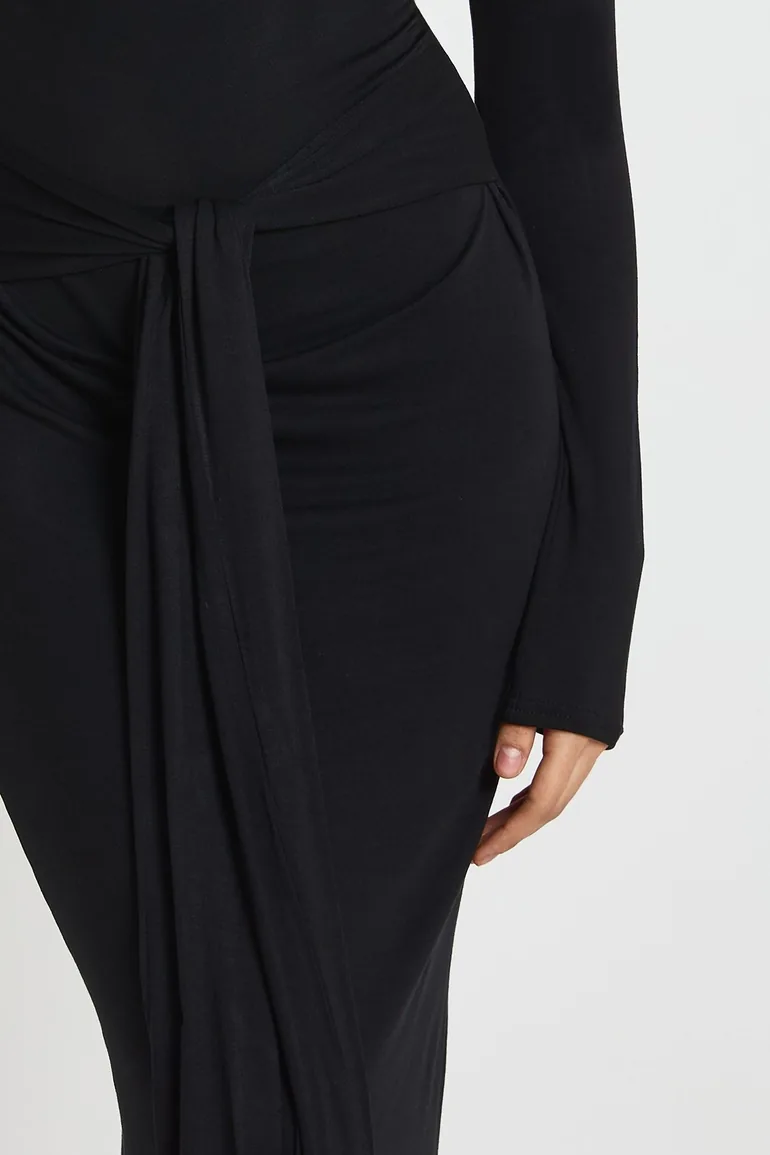 Marl Long Sleeve Tie Waist Midaxi Dress - black - 3