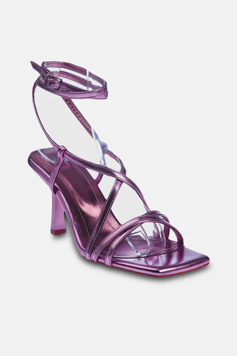 Metallic Pink Lace-Up Women's Heeled Sandals - 1