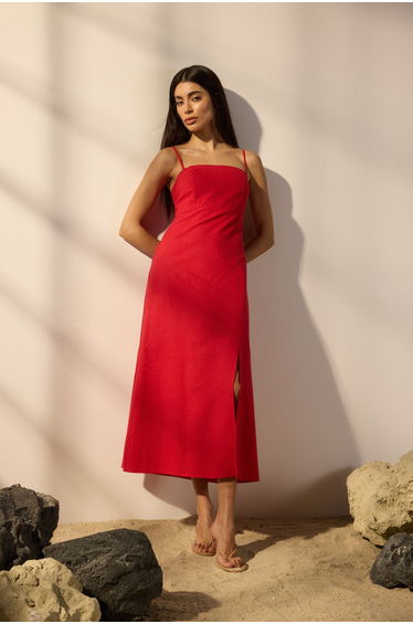 Red Linen Blend A-Line Midaxi Woven Dress