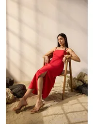 Red Linen Blend A-Line Midaxi Woven Dress - 1