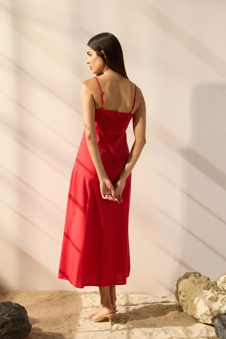 Red Linen Blend A-Line Midaxi Woven Dress - 4