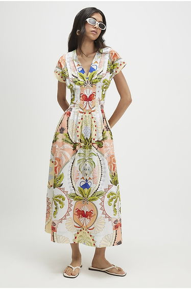 Blue Print Pleated Poplin Midi Dress