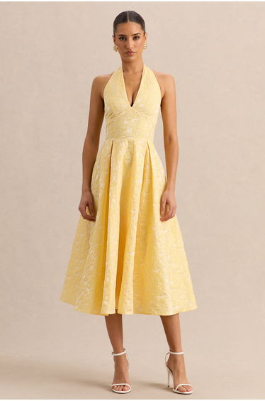 Nyomi | Lemon Satin Halter-Neck Midi-Dress