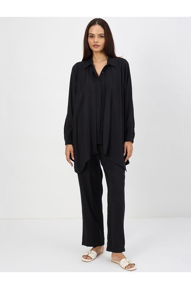 Women Black Asymmetric Top with Trousers Co-Ords