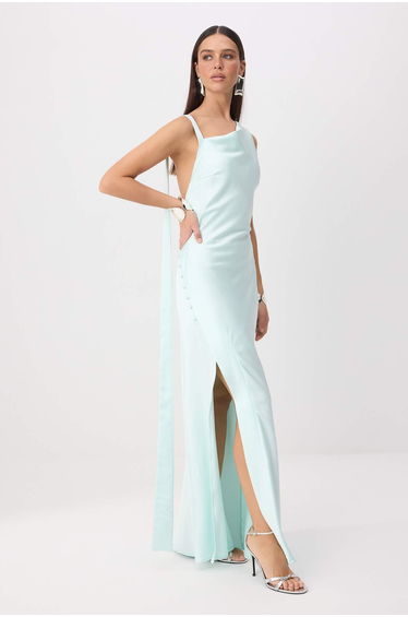 Mint Button Detailed Woven Satin Maxi Evening & Graduation Dress