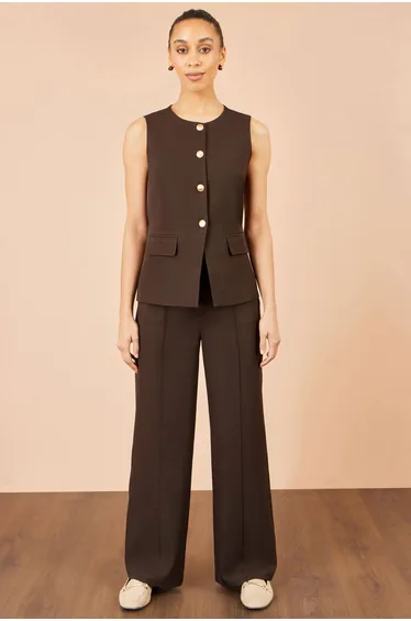 Yumi Brown Long Line Button Wasitcoat Top