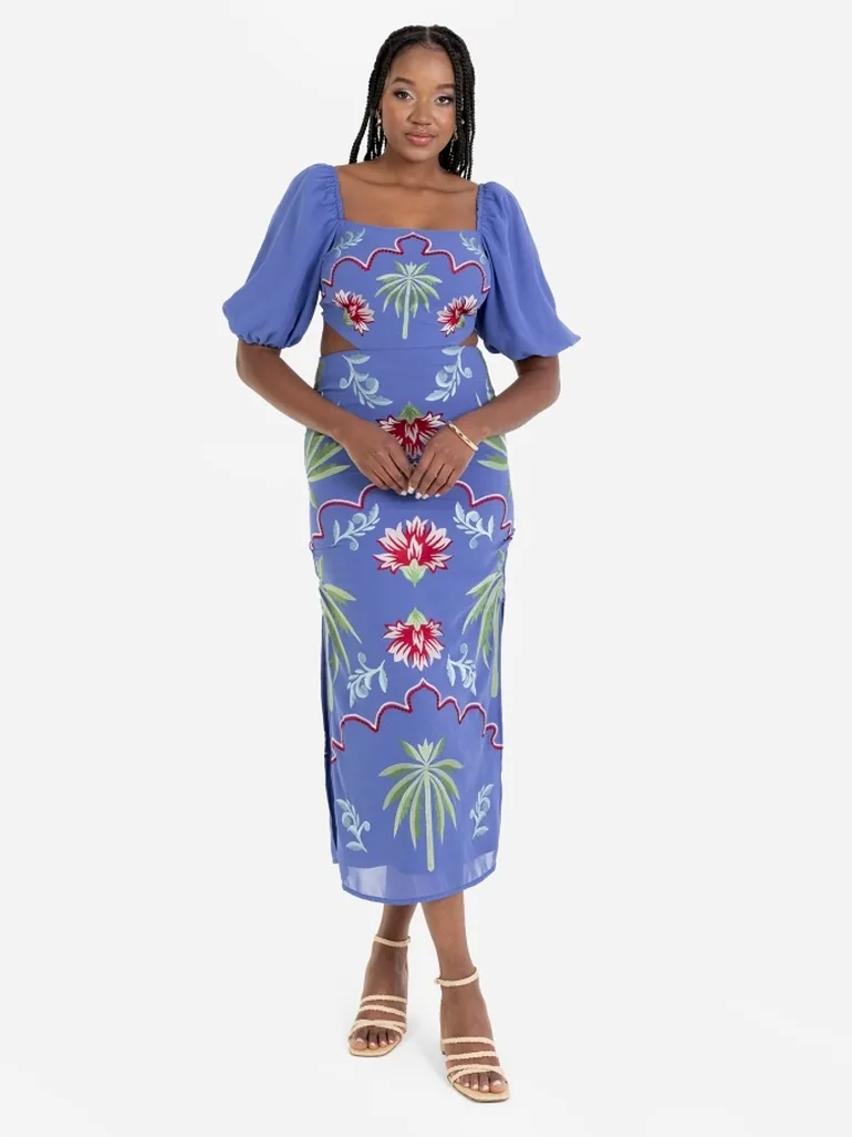 maya embroidered dress Maya Blue Embroidered Short Sleeve & Keyhole Back Maxi Dress with Spli –  Maya Deluxe main image 0