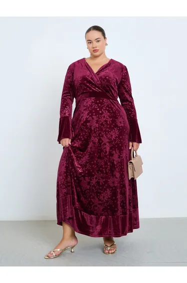 Plus Size Burgundy Floral Velvet Maxi Dress