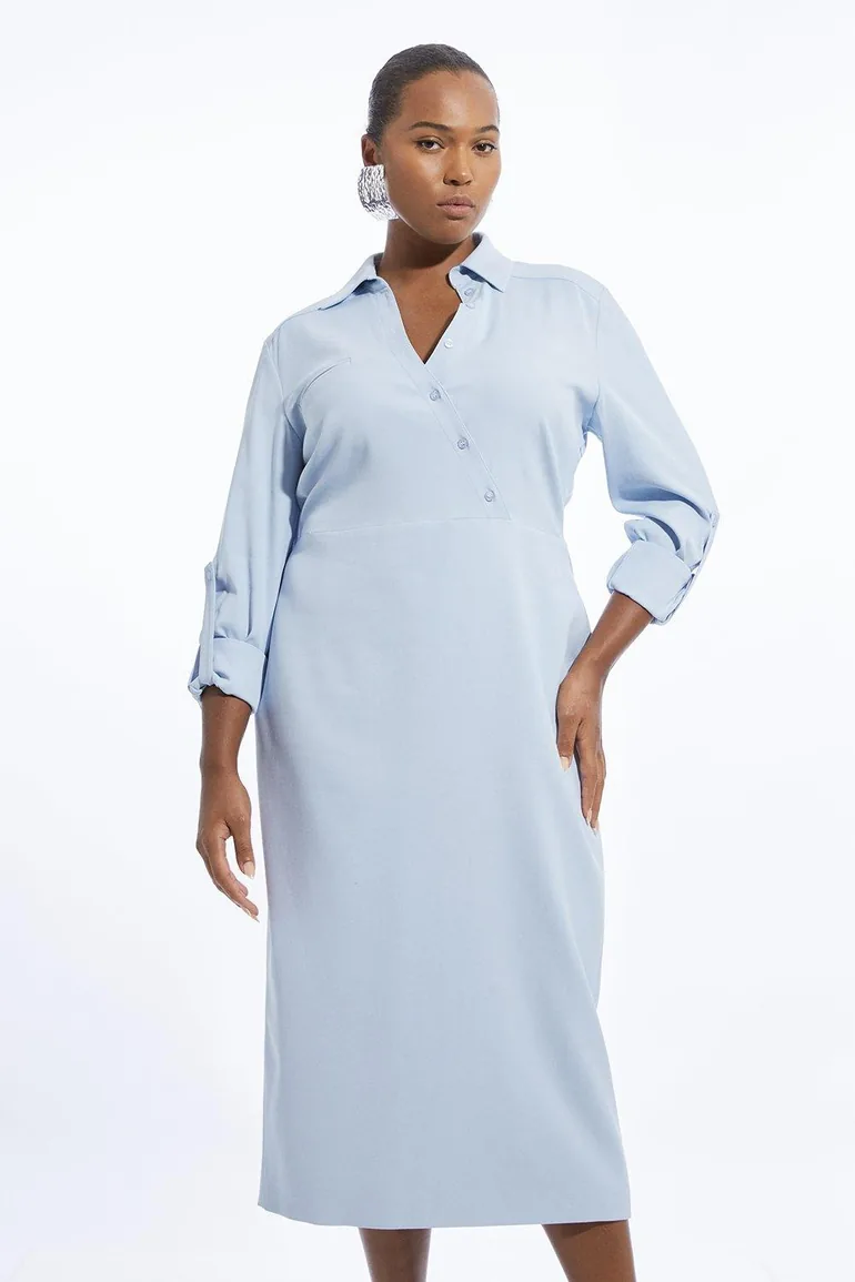 Shop Plus Size Tailored Satin Asymmetric Button Pencil Midaxi Dress Online in Oman Shop Plus Size Tailored Satin Asymmetric Button Pencil Midaxi Dress Online in Oman