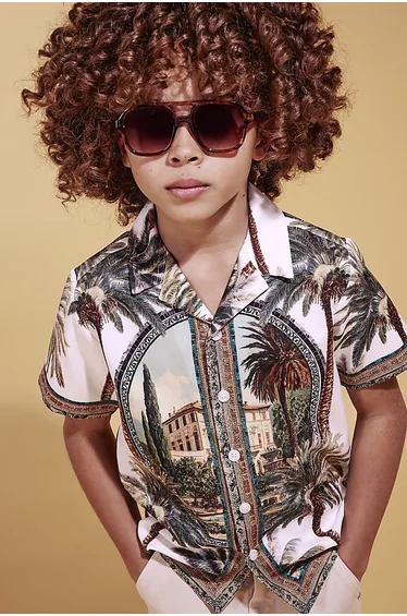 Boys White Palm Print Short Sleeve Shirt