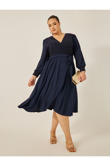 Plus Size Textured V-Neck A-Line Midi Dress with Waist Belt Detail