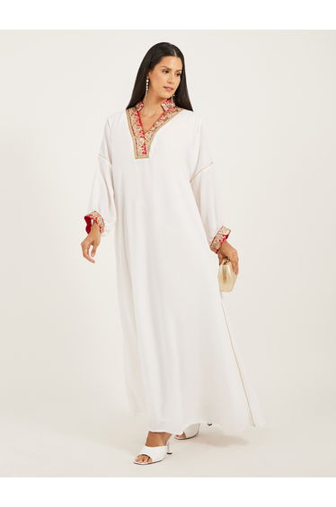 Embroidered V-Neck Dropped Shoulder A-Line Kaftan