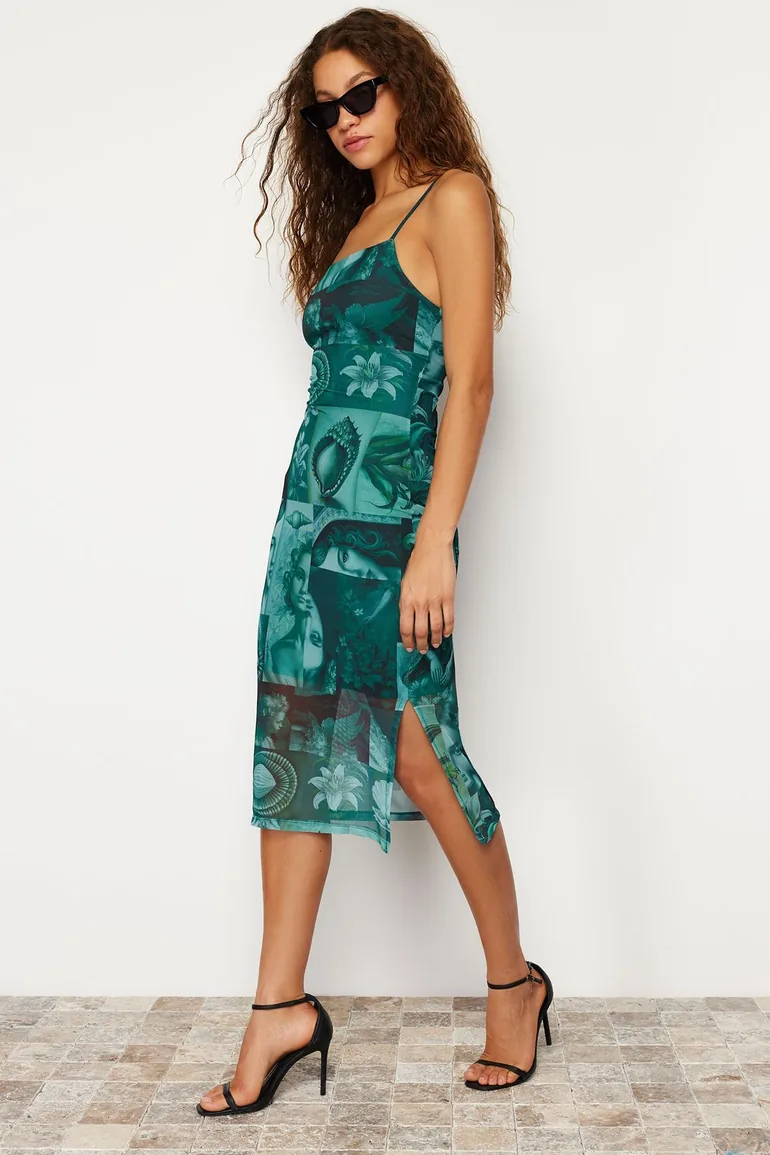 Shop Emerald Green Strappy Fitted/Sleeping Square Neck Tulle Knitted Midaxi  Dress Online in Oman