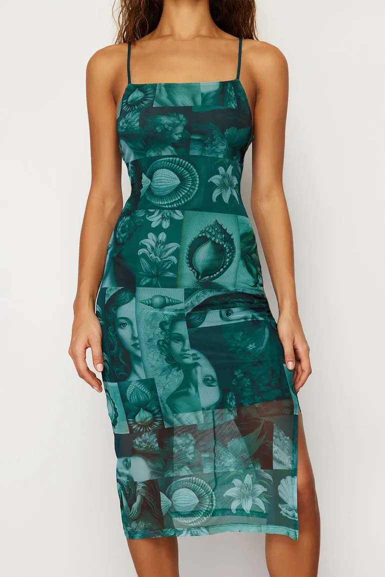 Shop Emerald Green Strappy Fitted/Sleeping Square Neck Tulle Knitted Midaxi  Dress Online in Oman