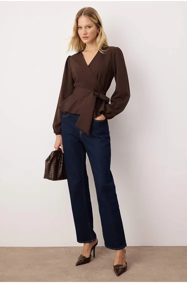 Brown Double-Breasted Woven Blouse with Tie Detail