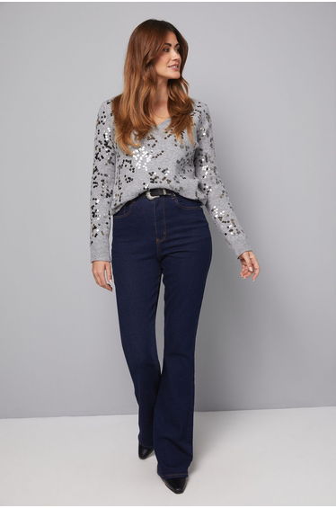 Sequin Collared V Neck Jumper