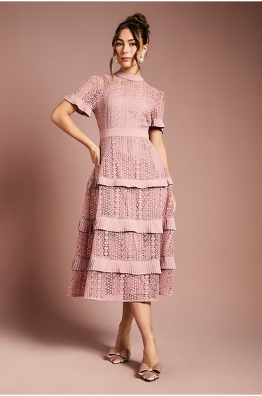 Tiered Lace Short Sleeve Midi Dress