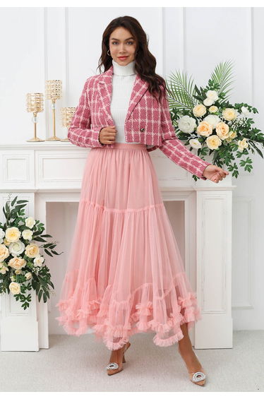 Ruffle Hem Double-Layered Mesh Maxi Skirt in Pink