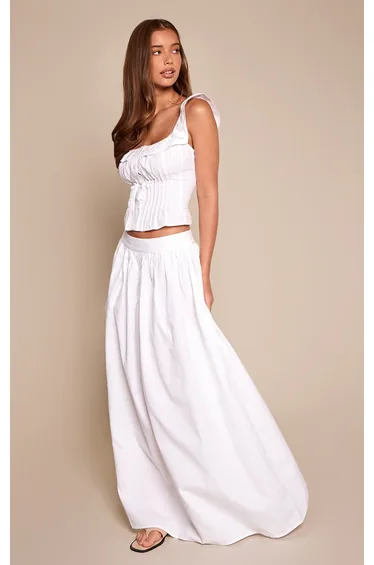 White Cotton Pleated Maxi Skirt