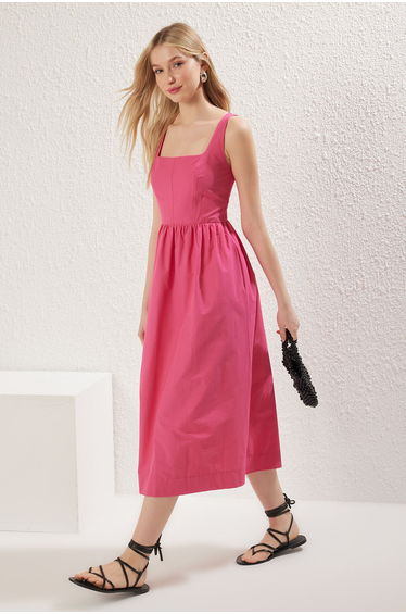 Fuchsia Waist Opening Midi Corset with Stitching Detail Midi Woven Dress