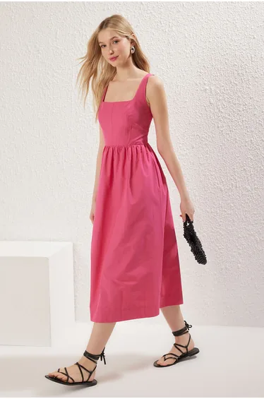 Fuchsia Waist Opening Midi Corset with Stitching Detail Midi Woven Dress