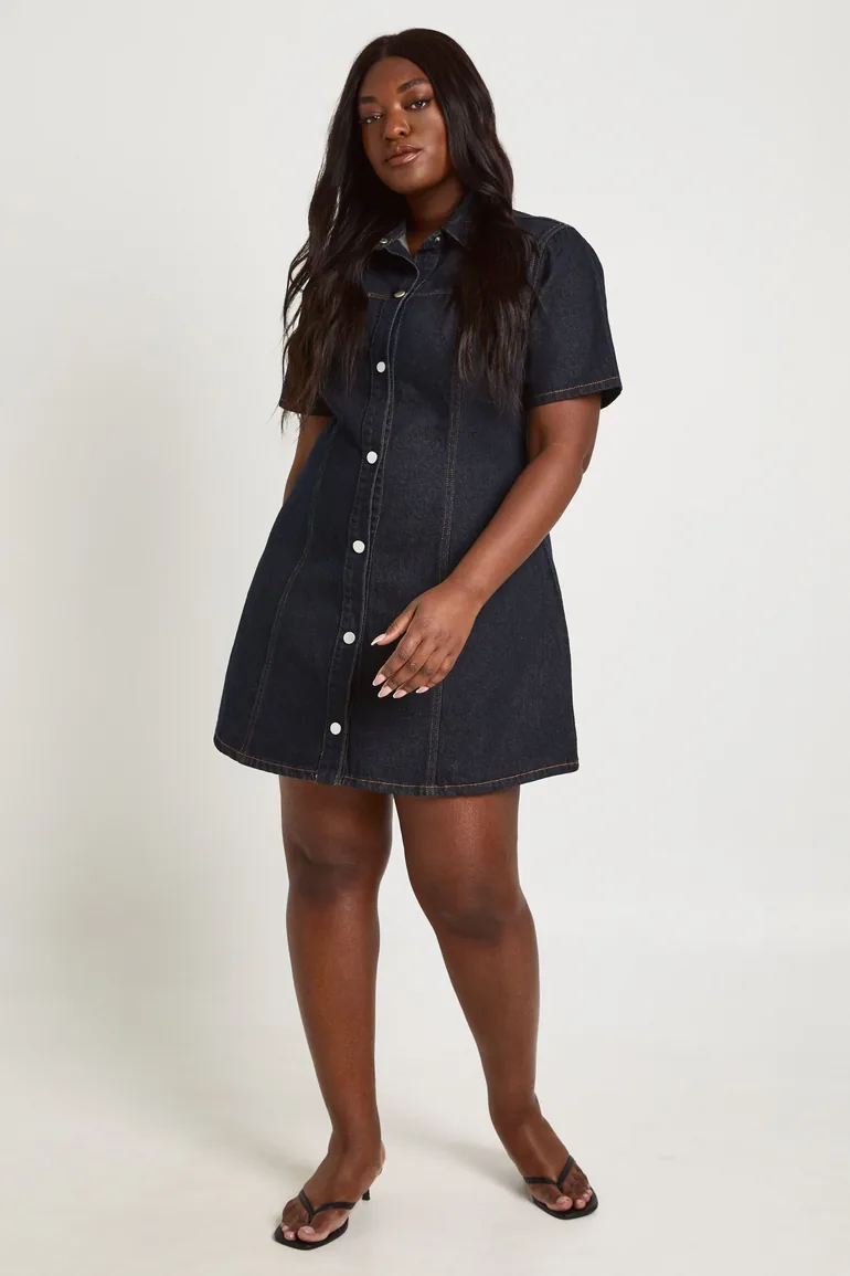 Plus Short Sleeve Cinched Waist Denim Dress - indigo - 2