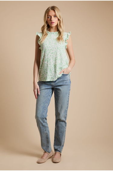 Frill Yoke Printed Jersey Shell Top