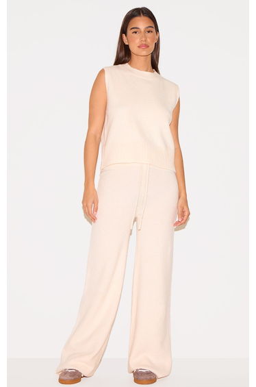 Ecru Marl Soft Knit Wide Leg Trousers