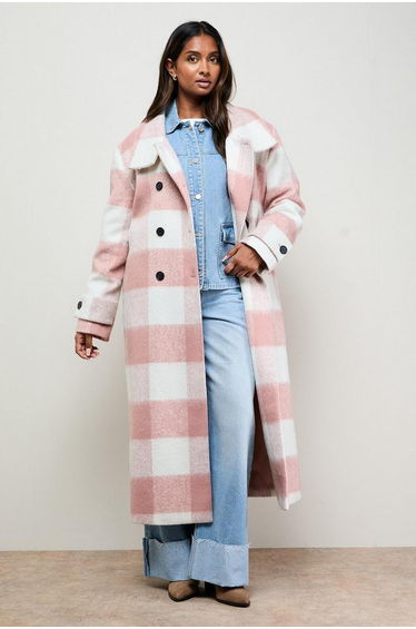 Brushed Check Funnel Neck Coat