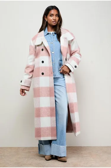 Brushed Check Funnel Neck Coat