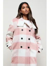 Brushed Check Funnel Neck Coat - 1