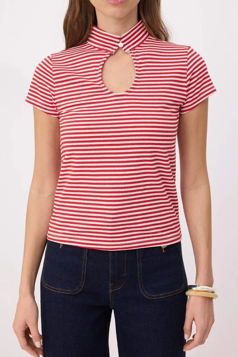 Red Striped Regular/Normal Fit Window Detail Tok 100% Cotton Knitted Blouse - 2
