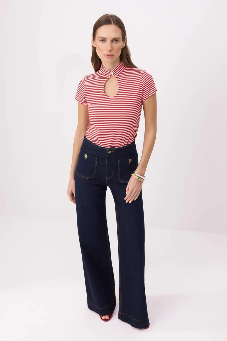 Red Striped Regular/Normal Fit Window Detail Tok 100% Cotton Knitted Blouse