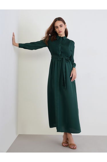 Women Dark Green Maxi Dress with Tie Belt