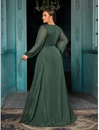 فستان QOQ شيفون أخضر طول الأرض على شكل حرف A - للمقاسات الكبيرة - 3