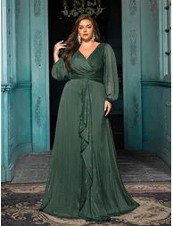 فستان QOQ شيفون أخضر طول الأرض على شكل حرف A - للمقاسات الكبيرة - 5
