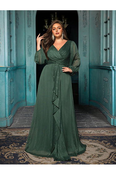 QOQ Plus Size Green Chiffon Ruffle Maxi Dress