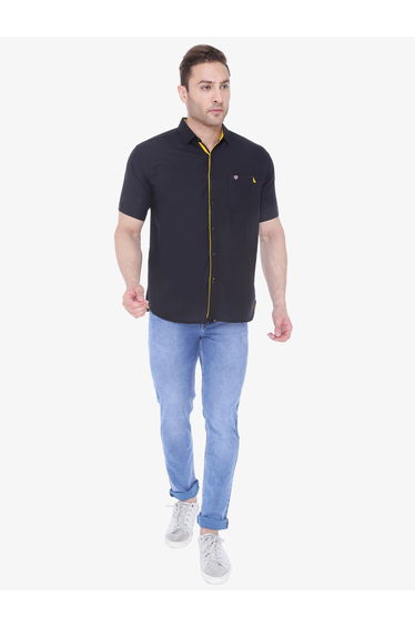 Men Black Linen Blend Short Sleeve Shirt