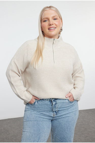 Stone Zipper Collar Knitwear Sweater